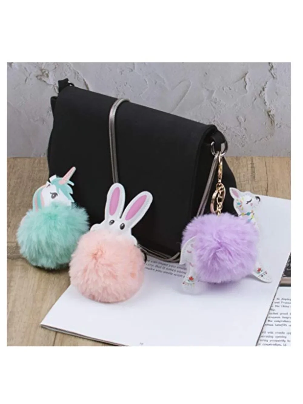 6 Pack Cute Animal Pom Pom Keychains Faux Fur Fluffy Key Rings for Women Girls
